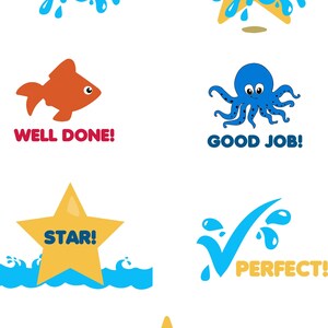 May include: A set of six colourful digital stickers featuring swimming-themed illustrations and motivational phrases such as "Well Done!" and "Good Job!" The stickers feature a blue water splash, a gold star, a goldfish, an octopus, a tick, and a star with the text "Star Swimmer".