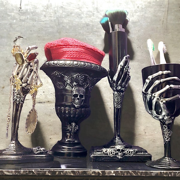 Gothic Black With Skeleton Hands Six Piece Bathroom Set - Black Goth Elegance - Gothic Home Decor - Fast Shipping - Valentines Day