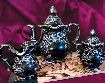 Vintage Tea Set Gothic Victorian Black & Silver 3-Piece Tea Set, Handcrafted Elegance