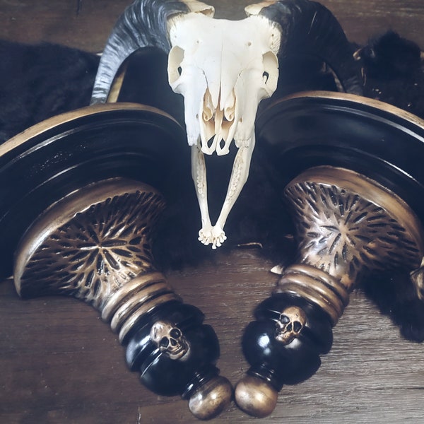 Set of two, large sized gothic oddity wall sconces for your wall~Black and bronze with bronze skulls.