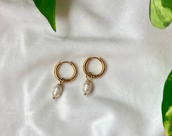 Golden stainless steel hoop earrings with freshwater pearl