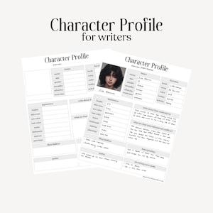 Könnte beinhalten: Zwei weiße Papierbögen mit einer Charakterprofilvorlage für Autoren. Der Text "Character Profile for writers" steht oben. Ein Profil hat ein Foto einer Frau. Die Vorlage enthält Abschnitte für Grundlagen, Aussehen und mehr.