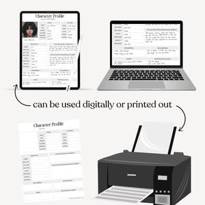 May include: A digital character profile template displayed on a tablet and laptop, with a printed version and a printer. The text reads "Character Profile" and "can be used digitally or printed out". The design is by @writtenbyemiley on Etsy.