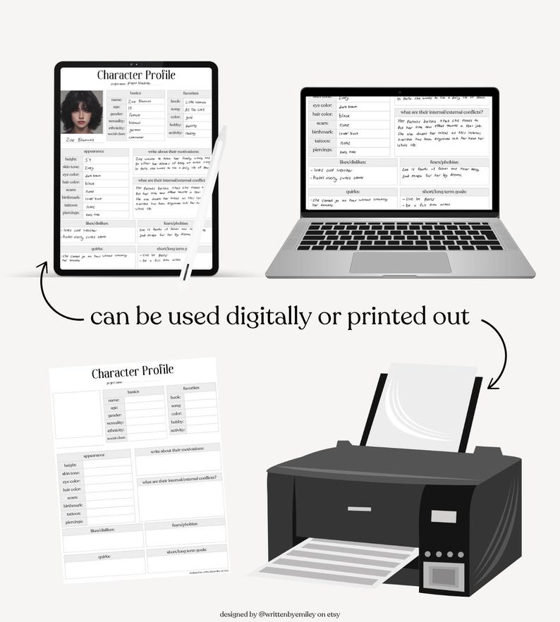 May include: A digital character profile template displayed on a tablet and laptop, with a printed version and a printer. The text reads "Character Profile" and "can be used digitally or printed out". The design is by @writtenbyemiley on Etsy.