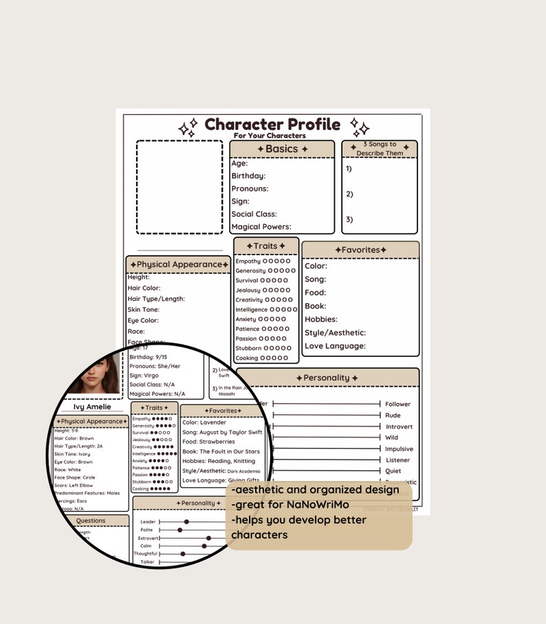 Character Profile Digital or Printable Original Character Profile for Writers, For Stories or Novels, Writer PDF, GoodNotes PDF image 2
