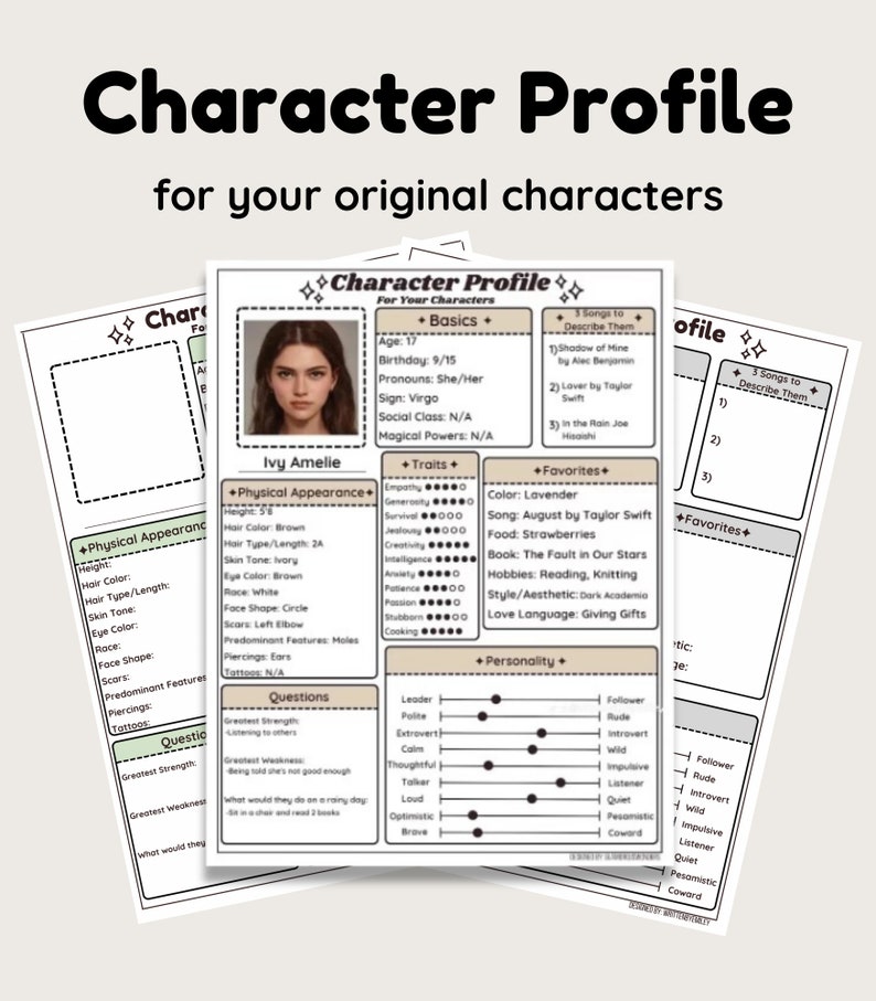 Character Profile Digital or Printable Original Character Profile for Writers, For Stories or Novels, Writer PDF, GoodNotes PDF image 1