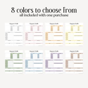 May include: Eight character profile templates in various pastel colors, including pink, yellow, green, and blue. The text "8 colors to choose from" and "all included with one purchase" is displayed at the top. The Etsy shop name is at the bottom.