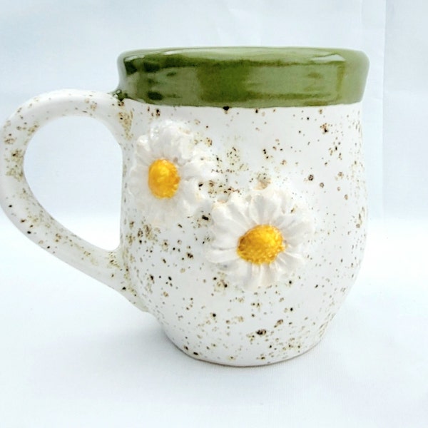 2 x Handmade stoneware pottery mugs white speckle with daisy design