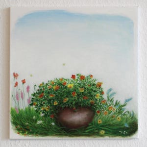 May include: A painting of a terracotta pot filled with orange and yellow flowers. The pot is surrounded by green grass and other flowers. The background is a light blue sky.