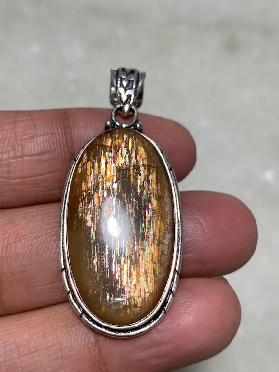 Lattice Sunstone Necklace, Silver Plated Pendant