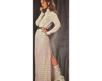 1970s Crochet Maxi Dress PDF Pattern: Vintage Long Sleeve Slit Design