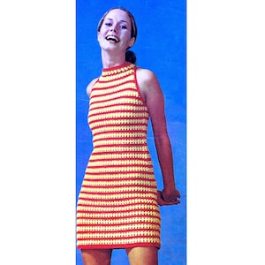 Crochet Dress Vintage 70s Striped Crochet Summer Dress Retro Cold Shoulder Mini Dress Crochet PDF Pattern 1970s Eco Fashion