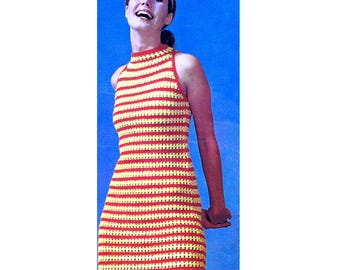1970s Crochet Mini Dress Pattern: Retro Striped Cold Shoulder (PDF Download