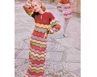 1970s Crochet Dress Pattern: Vintage Zig-Zag Maxi or Mini (PDF Download