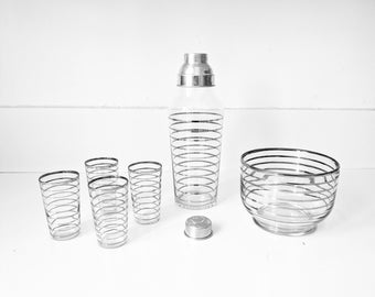 MCM Cocktail Set, Vintage Barware Set, Modern Glass Silver Tone Banded Barware