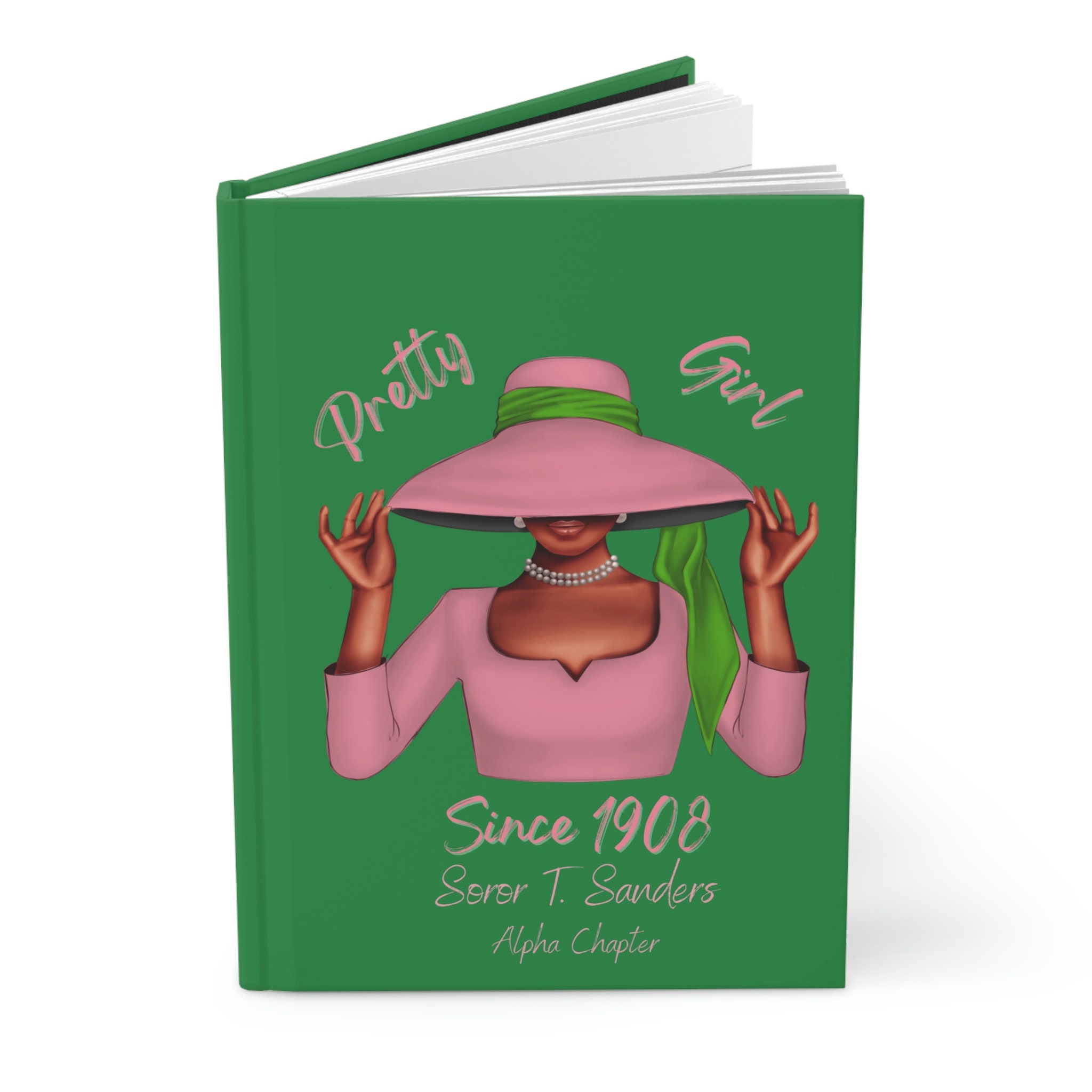 Personalisiert (Grüner Einband/Rosa Kleid Soror) Hardcover-Tagebuch matt | Tagebuch | Rosa und Grün | 1908 | AKA inspiriert | Sorority-Geschenke