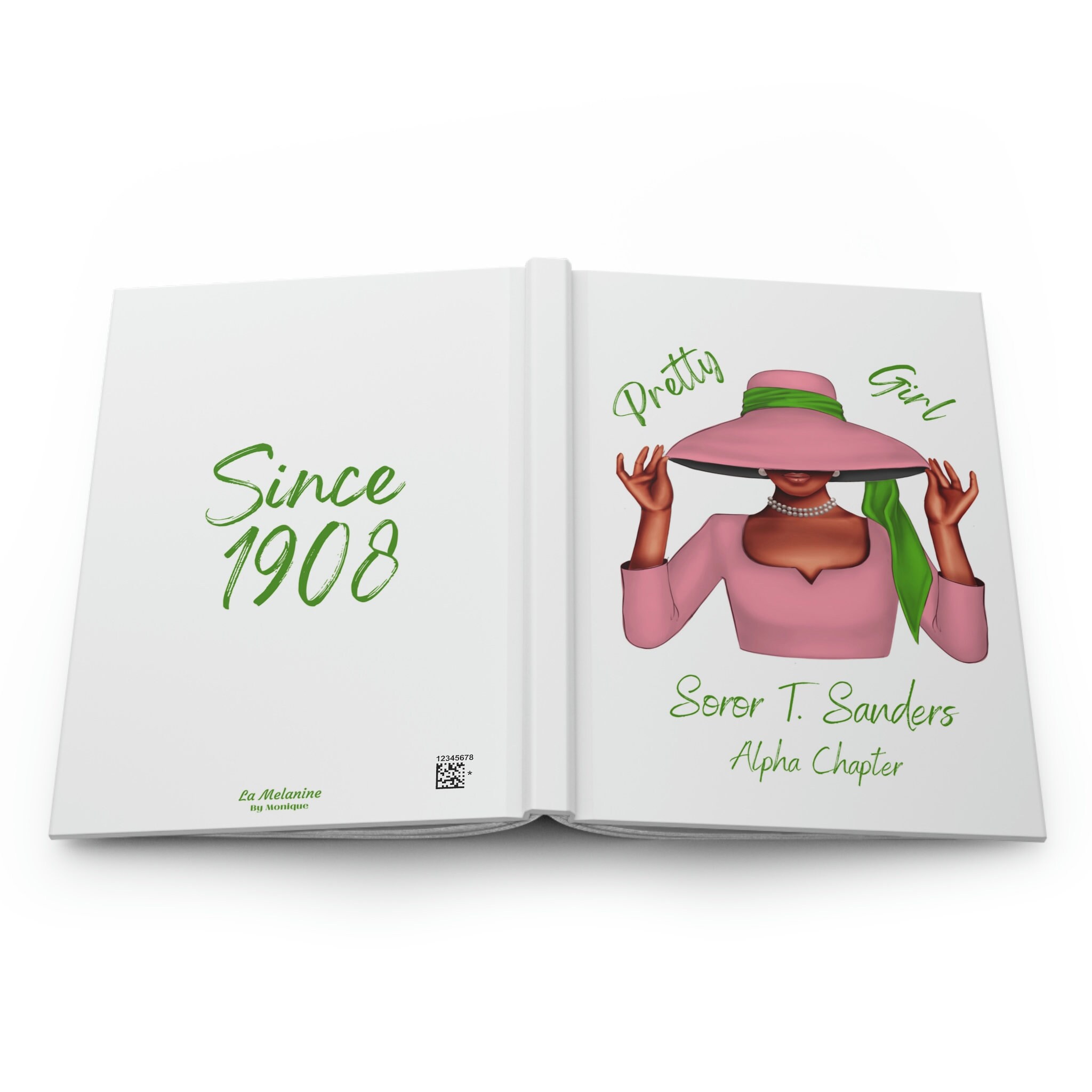 Personalisiert (weißer Einband/rosa Kleid Soror) Hardcover-Tagebuch matt | Tagebuch | Rosa und Grün | 1908 | AKA inspiriert | Sorority-Geschenke