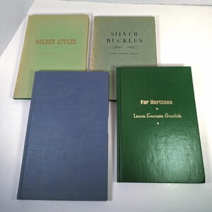 May include: Four hardcover books with green, blue, and light green covers. The titles are "Golden Apples", "Silver Buckles", and "Far Horizons" by Laura Emerson Gradick.
