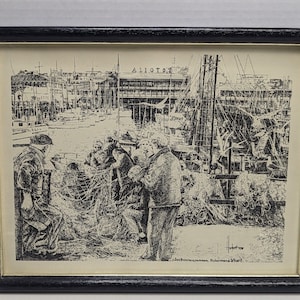 Fishermans Wharf Art Framed Pen & Ink Print Horst Kampschulte San Francisco CA Vintage 1976