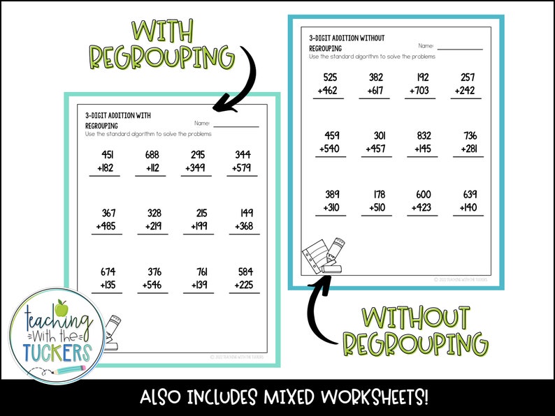 3 Digit Addition Standard Algorithm Worksheets Etsy