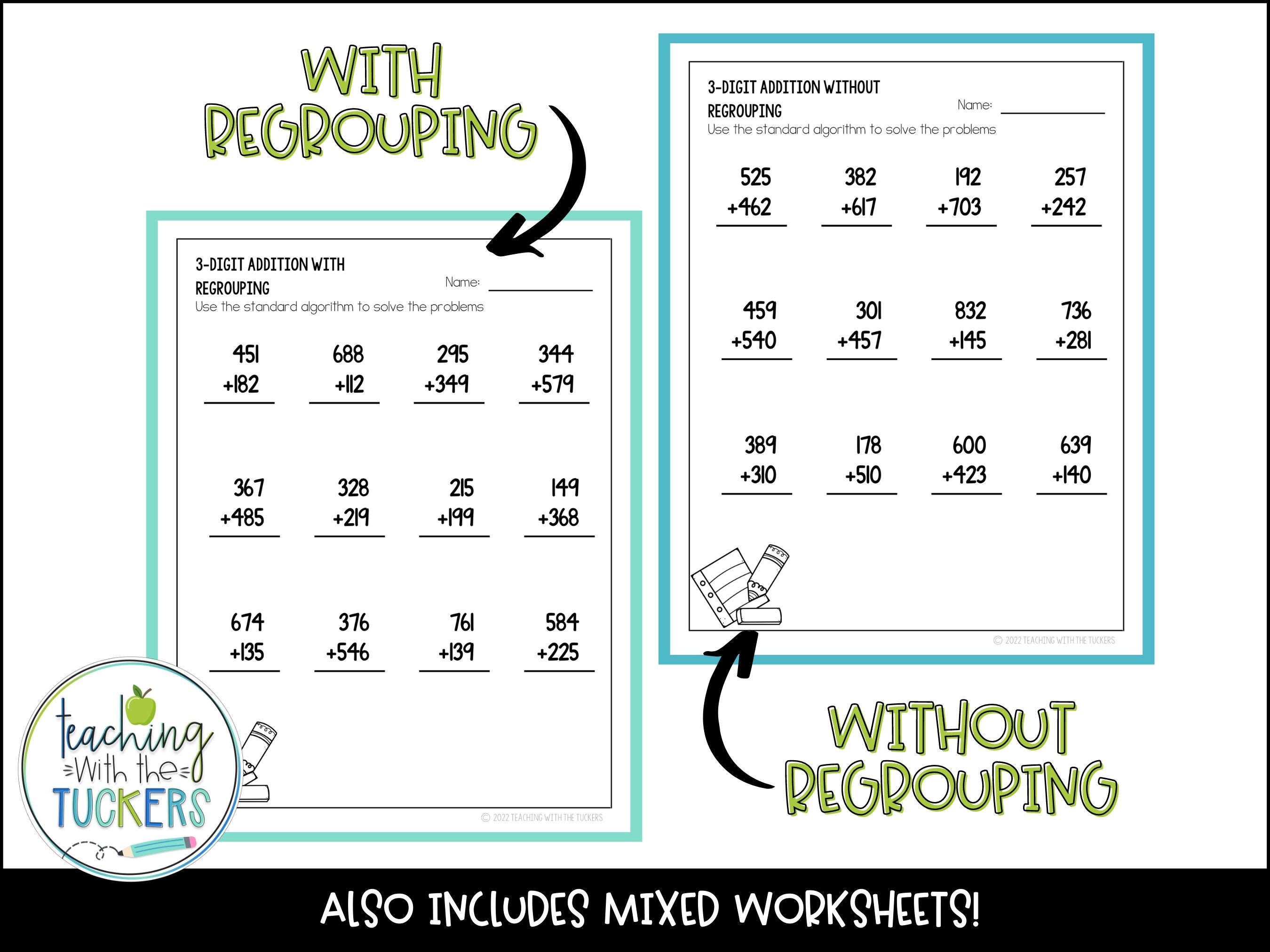 3 Digit Addition Standard Algorithm Worksheets - Etsy