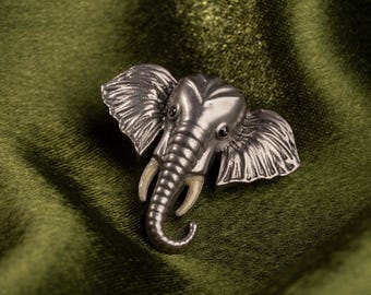 Recycled Brass Elephant Brooch – Silver Plated with Black Onyx Eyes
