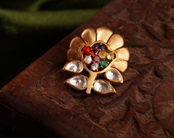 Navratna Brooch – Handmade Indian Gemstone Pin, 18K Gold Plated Brass, Festive Accessory, Unisex