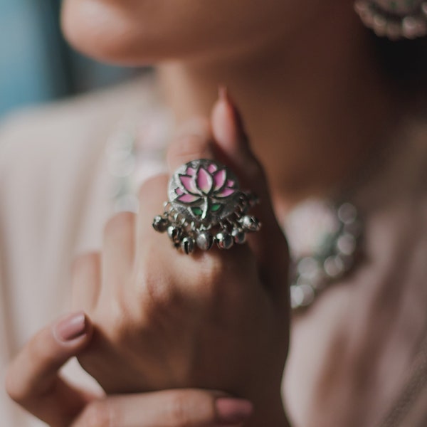 Pink Lotus Ring, Oxidized Jewelry, Silver Lotus Ring, Lotus Jewelry, Lotus Jewellery, Bohemian Jewelry, Boho Ring, Silver Bohemian Ring.
