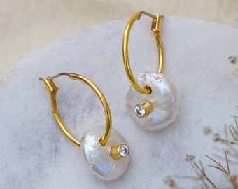 Freshwater Pearl Hoop Earrings: 18k Gold Plated, Swarovski CZ