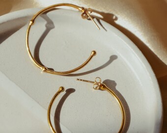 18k Gold Plated Sterling Silver Hoop Earrings with Dot Detailing (40mm)