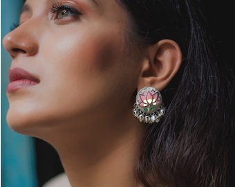 Handcrafted Pink Lotus Earrings: Oxidized Silver Boho Jewelry