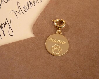 Dog Mom Gold Pendant, Engraved Mama Paw Charm Necklace, Pet Parent Jewelry