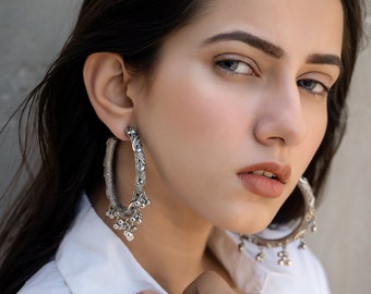 Silver Plated Tribal Hoop Earrings: Indian Ghunghroo Boho Jewelry