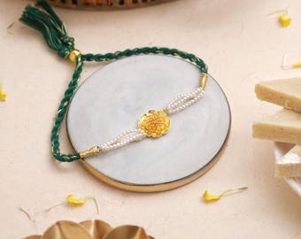 Handmade Marigold Rakhi Bracelet, 18k Gold Plated, Pearl Accents