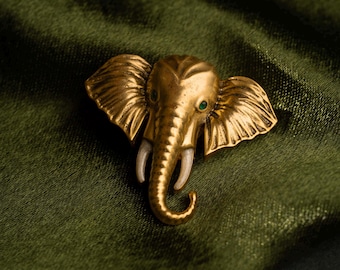 Recycled Brass Elephant Brooch – 18K Gold Plated Emerald Eyes Pin