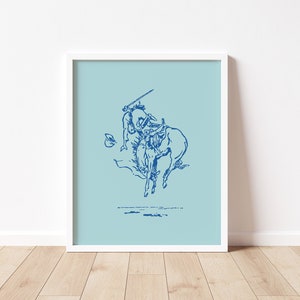 Blue Cowboy Horseback Rider Print, Western Art Print, Country Wall Art, Cowboy Wall Art, Digital Download, Printable Wall Art