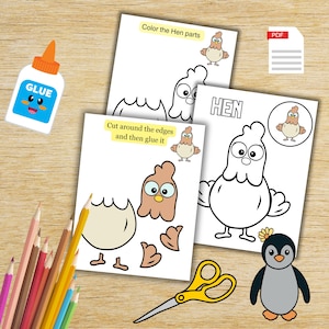 May include: A printable craft activity for kids featuring a black and white outline of a hen with the word "HEN" above it. The hen is made up of separate parts that can be cut out and glued together. The instructions say "Color the Hen parts" and "Cut around the edges and then glue it".