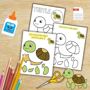May include: A printable turtle craft for kids. The printable includes a turtle outline to color and a separate page with turtle parts to cut out and glue together. The instructions say "Cut around the edges and then glue it".