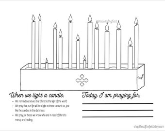 May include: A black and white printable coloring page featuring a candle holder with 10 candles. The text "When we light a candle" and "Today I am praying for" is included.