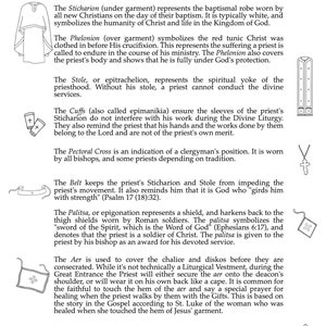 May include: A black and white illustration of various liturgical vestments worn by clergy in the Christian church. The image includes a sticharion, phelonion, stole, cuffs, pectoral cross, belt, palitsa, aer, and blessing cross. The image is accompanied by text explaining the meaning and significance of each vestment.