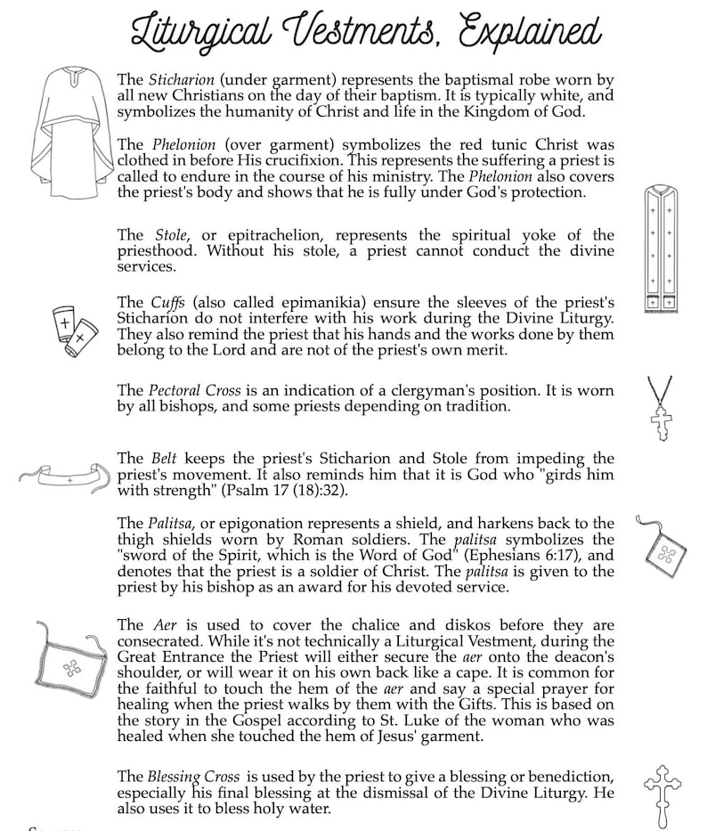 May include: A black and white illustration of various liturgical vestments worn by clergy in the Christian church. The image includes a sticharion, phelonion, stole, cuffs, pectoral cross, belt, palitsa, aer, and blessing cross. The image is accompanied by text explaining the meaning and significance of each vestment.