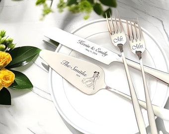 Gold Wedding Cake Cutting Set, Personalized Wedding Server & Knife Set, Engraved Cake Cutter Set, Custom Wedding Gift For Couple