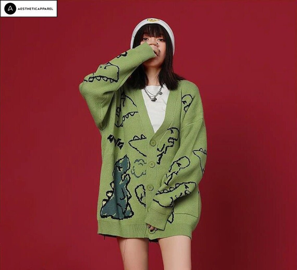 Dinosaur Cardigan Dinosaur Print Knitted Sweater Vintage Etsy