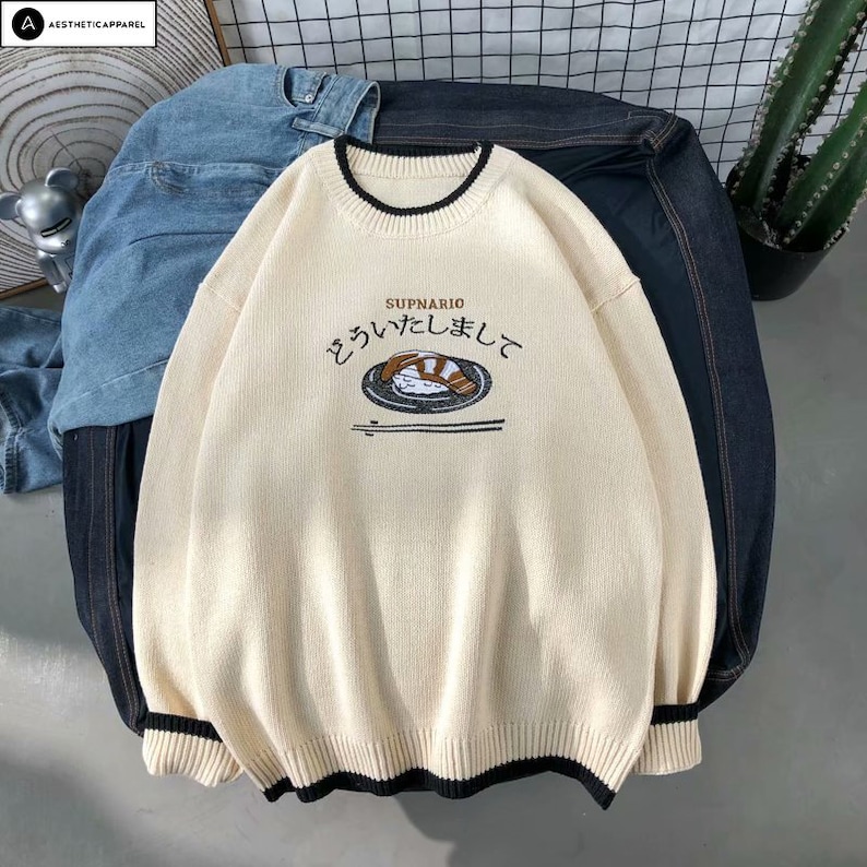 Japanese Style Sweater Embroidered Knitted Sweater Vintage Etsy