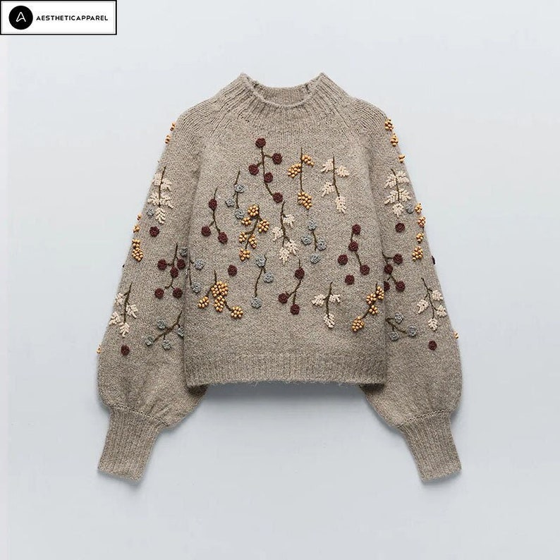 Flower Sweater Floral Embroidered Knitted Sweater Gray Etsy