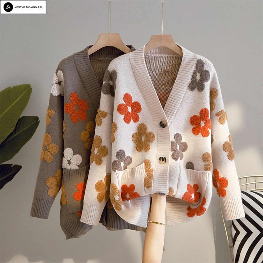 Flower Cardigan Beige Knitted Sweater Floral Pattern - Etsy UK