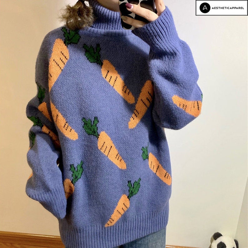 Carrot Knitted Sweater Vegetable Pattern Sweater Harajuku Etsy
