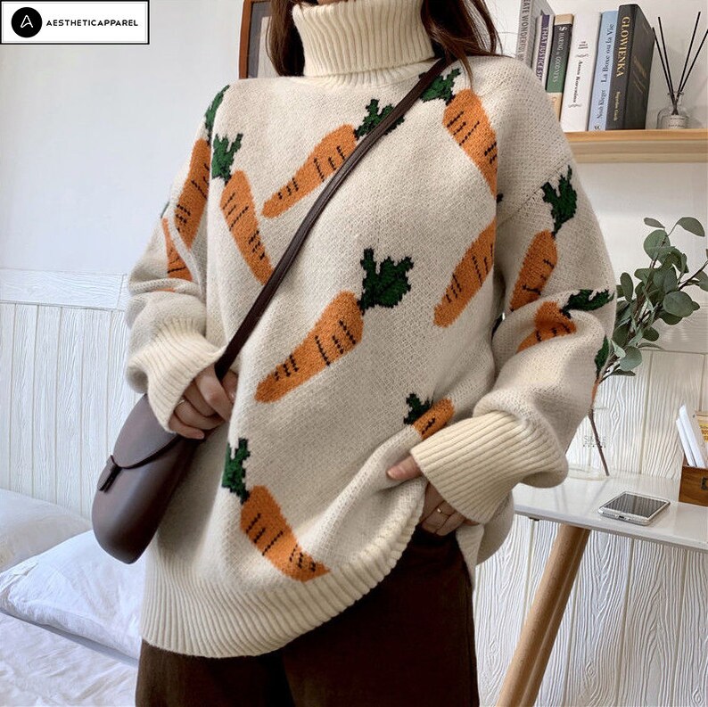 Carrot Knitted Sweater Vegetable Pattern Sweater Harajuku Etsy