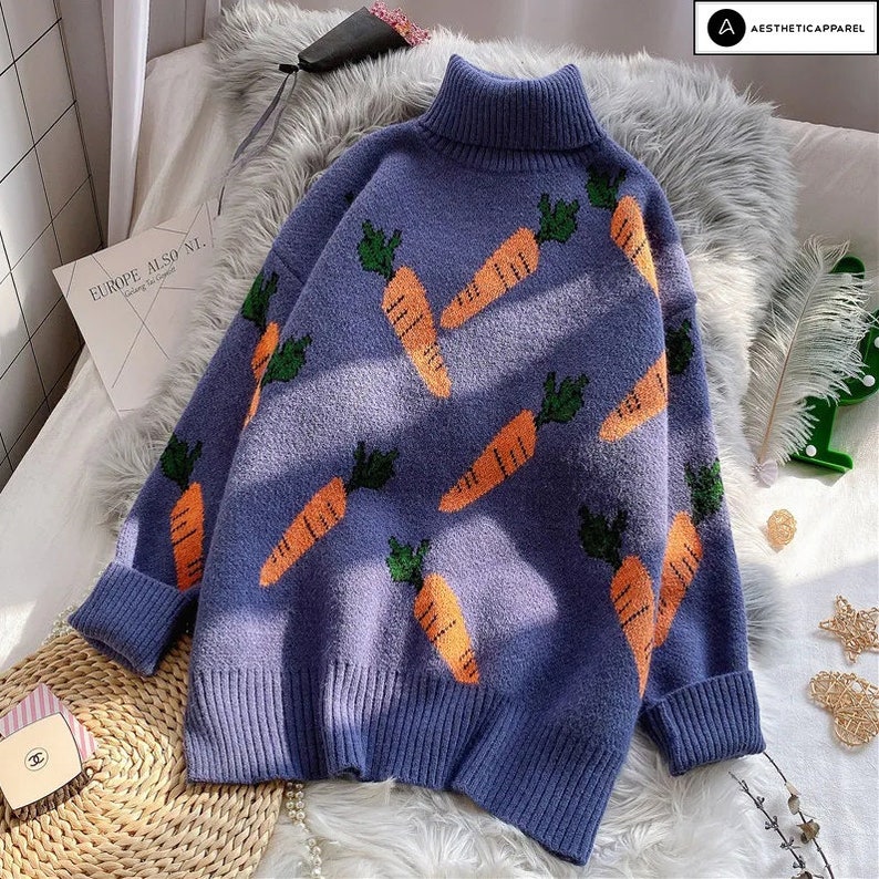 Carrot Knitted Sweater Vegetable Pattern Sweater Harajuku Etsy
