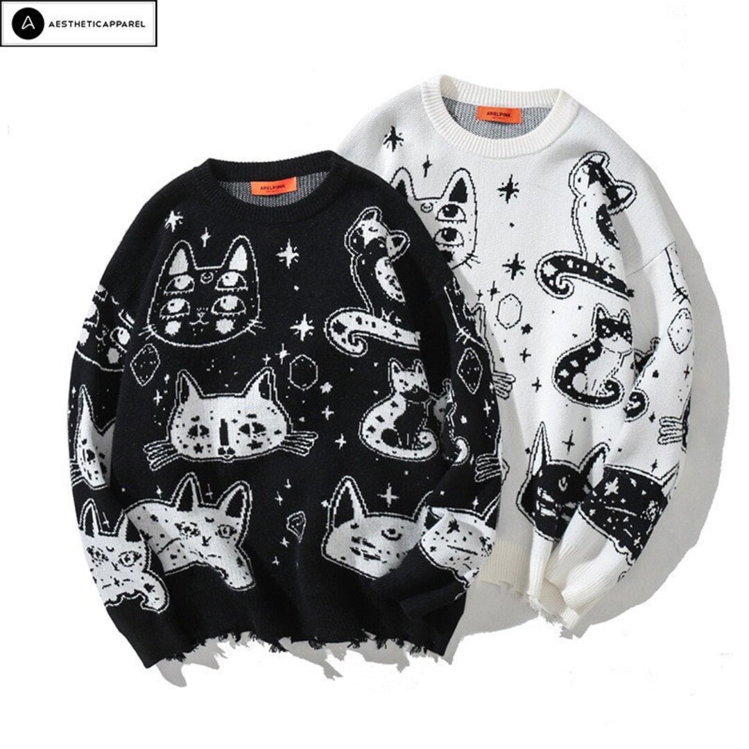 Cat Pattern Sweater Animal Print Knitted Sweater Harajuku Etsy